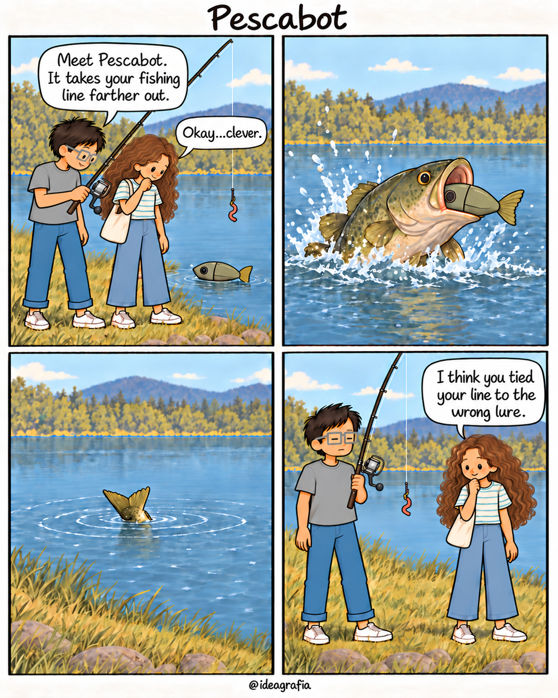 Pescabot. Four-panel comic, read left to right, top to bottom. 1. By a lake, an inventor holds a fishing rod with a worm dangling from the hook. He and his friend look at a small fish-shaped robot floating nearby. He says, "Meet Pescabot. It takes your fishing line farther out." She replies, "Okay... clever." 2. A large fish leaps out of the water and swallows the robot. 3. The fish’s tail disappears into the water, leaving ripples. 4. The inventor holds his rod with a flat, disappointed expression. The worm still hangs from the hook. His friend smiles thoughtfully toward it and says, "I think you tied your line to the wrong lure."